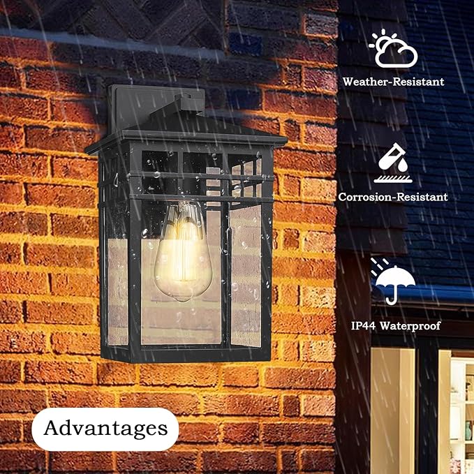 Outdoor Light Fixture Wall Mount, Modern Exterior Lights Fixture Wall Sconces with Seeded Glass for Front Porch, Farmhouse Waterproof Black Carriage Lantern Lamp Outside for Home, Garage, 2 Pack