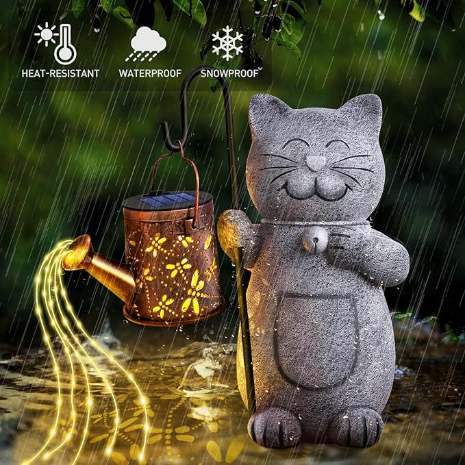 Mothers Day Mom Gifts for Mom, Solar Garden Outdoor Statues Cat with Kettle Light, Birthday Mom Gifts for Her Women Grandma, Cat Lovers Gifts for Women, Gardening Gifts House Warming Gifts New Home