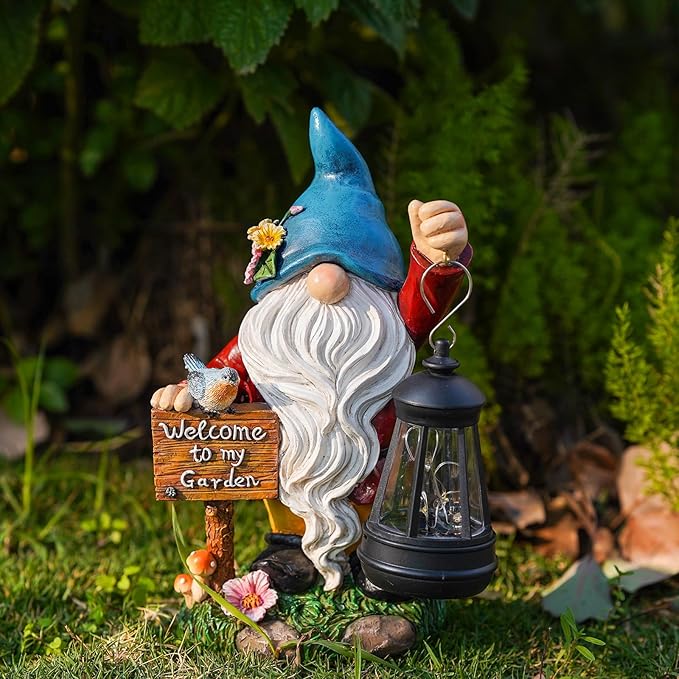 C&Y&G&X Solar Garden Gnome Statue – Waterproof Outdoor Decor with Solar Lantern LED Lights and Welcome Sign for Yard, Lawn, Patio – Ideal Gift for Grandma Mom Women