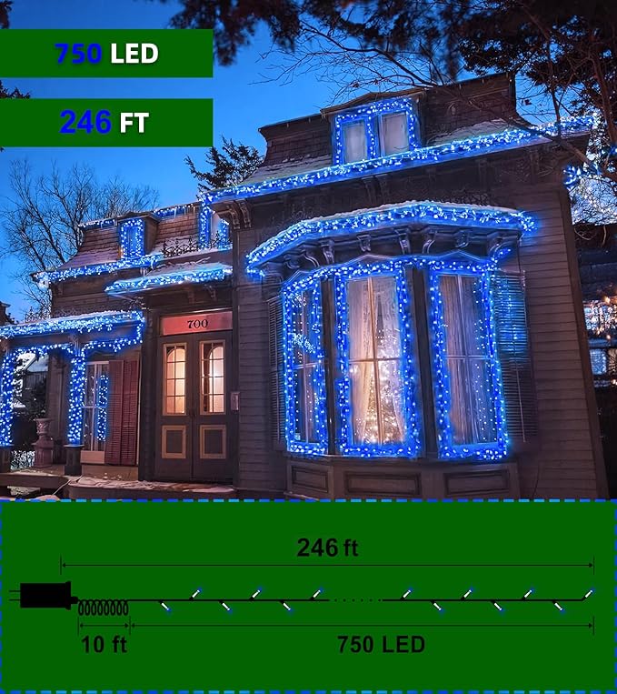 750 LED 246FT Christmas Lights Outdoor, Super Long Waterproof Christmas String Lights with 8 Modes, Christmas Tree Lights with Timer Memory for Fence Garden Xmas Wedding Party Decor Blue