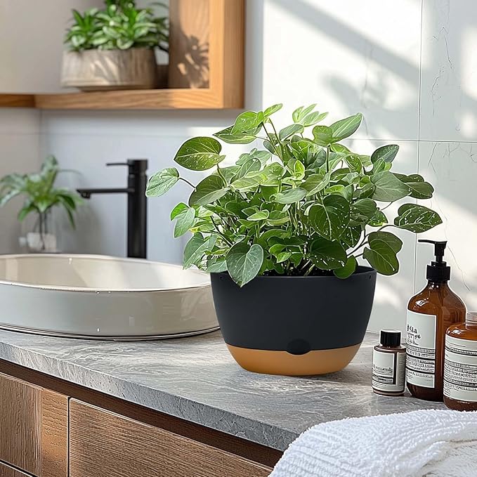 8 Inch Pots for Indoor Plants, Self Watering Planters with Drainage and Saucers, Plastic Outdoor Flower Pot, Set of 2, Grey