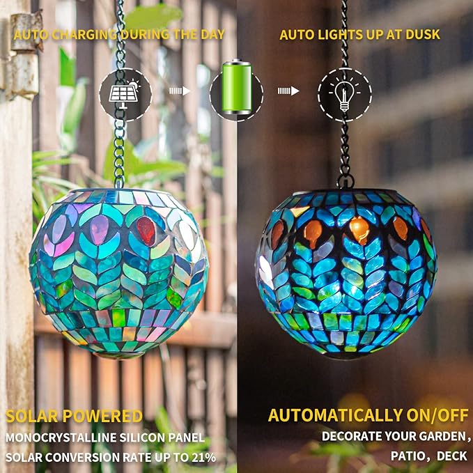 VCUTEKA Hanging Solar Lanterns Mosaic Solar Lights with Hook Up, Outdoor Garden Lights Decor for Yard Tree Fence Patio