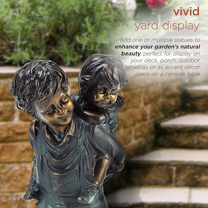 Alpine Corporation 16" Tall Indoor/Outdoor Patina Finish Piggyback Kids Yard Statue Decoration