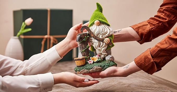 TERESA'S Collections Resin Garden Gnomes Decor with Solar Lights, Light Green Outdoor Decorations for Porch Patio, Gifts for Women and Men，Outdoor Garden Decor Ornaments for Outside, 9"