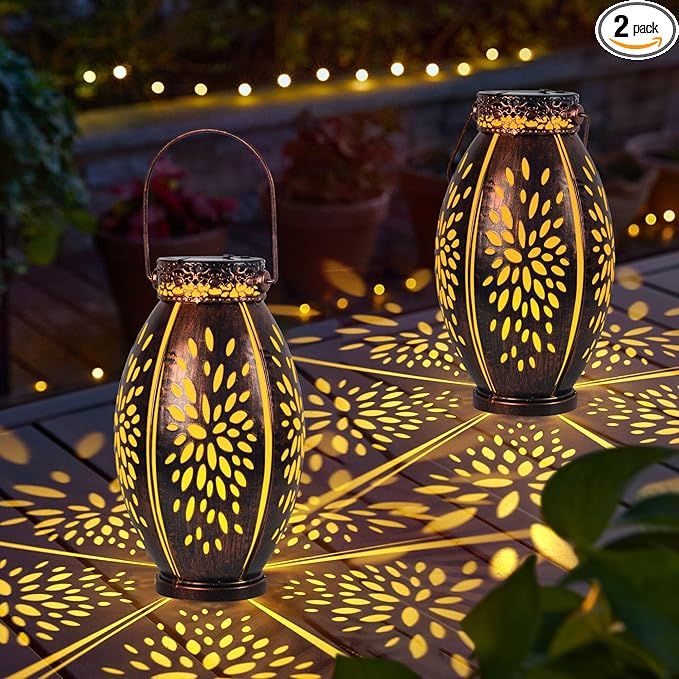 pearlstar 2 Pack Solar Lanterns Hanging Light Outdoor Waterproof Decorative Metal Solar Lamp for Table Garden Yard Patio Pathway,Copper,Birthday Gifts for Women Mom Men,Flower