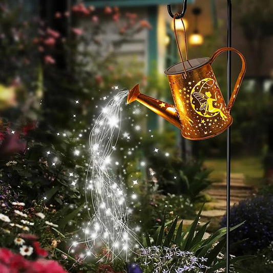 Big Solar Powered Watering Can Lantern & Moon Fairy Garden Decor Set Outdoor Waterproof Hanging Path Lights with Shepherd Hooks, Perfect Patio Decor Gardening Gift for Women, Mom, Grandma (Cool White)