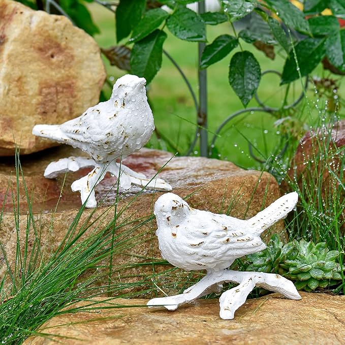 Sungmor Cast Iron Small Bird Statues, Set of 2 Antique White Bird with Branch Collectible Figurines, Farmhouse Home Garden Decorative Bird Sculpture, Realistic Indoor and Outdoor Ornaments