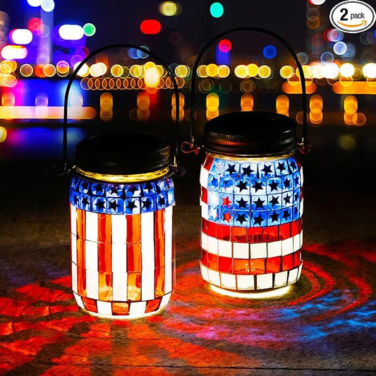 VOREEN 2 Pack Mosaic Solar Lanterns, Outdoor Glass Hanging Lights, Solar Table Lamps, Waterproof, American Flag Jar Lights Gifts, Patriotic Theme Decoration for Garden, Patio, Yard, Easter Gifts