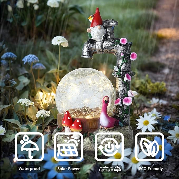 Solar Garden Outdoor Decor Dwarf Statue with Crackle Globe, Outside - Outdoor Decorations for Patio Yard Lawn Walkway Ornaments Clearance Ideal Gifts for Mom Grandma Birthday