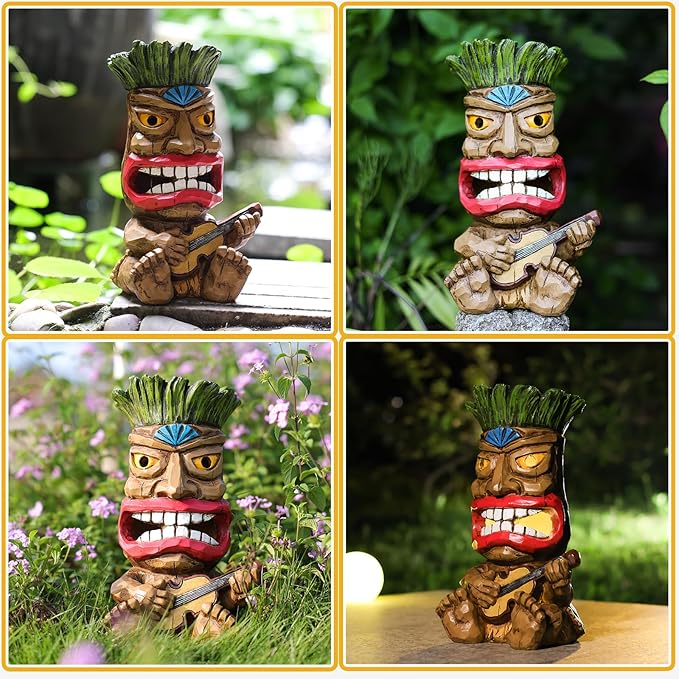 Solar Tiki Statue Outdoor Decor-Garden Guitar Tiki Statues-Tiki Bar Decorations for Outdoor Patio Yard Lawn Balcony Bar Party,Waterproof Garden Sculpture 10.35 Inch Tall