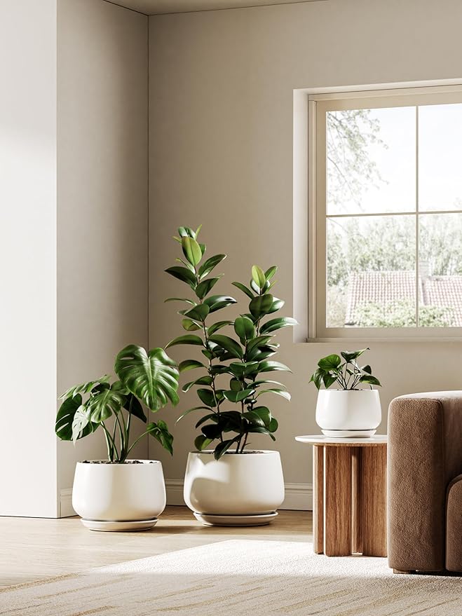LE TAUCI Ceramic Planters, 12 Inch Pots for Plants, Plant Pots with Drainage Holes and Saucers, Durable and Modern, Planters for Indoor Plants, White