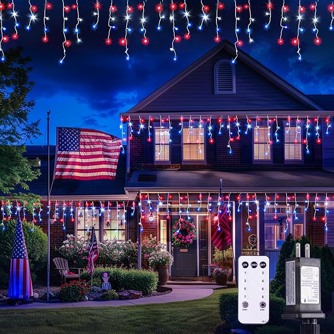 JMEXSUSS Icicle Lights for 4th of July Decor, 400 LED Red White and Blue Icicle Lights for Outside, 38.8 Ft Independence Day Icicle String Lights Indoor Outdoor Holiday Christmas American Flag Decor