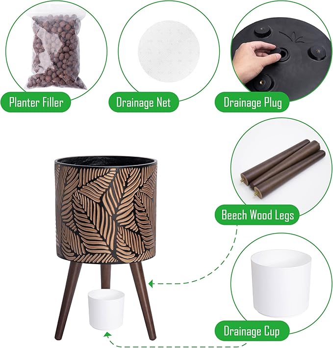 D'vine Dev 12 Inch Planter Pot with Stand, Mid-Century Tall Plant Pot with Legs for Indoor Plants, Large, Bronze/Grey, 88-L-C-6