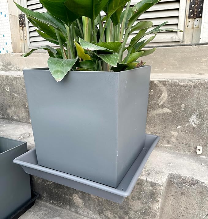 Square Plant Saucer 14 Inch 2 Pack，Plant Stand Plant Trays for Pots Heavy Duty Gray Plastic Plant Saucers for Indoors Outdoors, Flower Pot No Holes Plant Lover Gardening Gifts