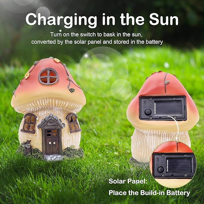 Attivolife Mushroom Fairy House Solar Light, Outdoor Home Garden Resin Statue Flickering LED Lamp, Lawn Porch Patio Yard Backyard Plant Decoration, Unique Gift for Women Mom Housewarming Birthday