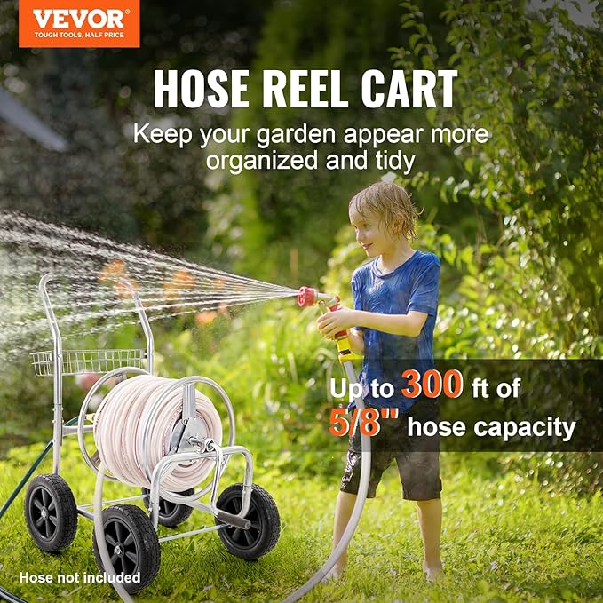 VEVOR Hose Reel Cart, Hold Up to 300 ft of 5/8’’ Hose, Garden Water Hose Carts Mobile Tools with 4 Wheels, Heavy Duty Powder-Coated Steel Outdoor Planting with Storage Basket, for Garden, Yard, Lawn