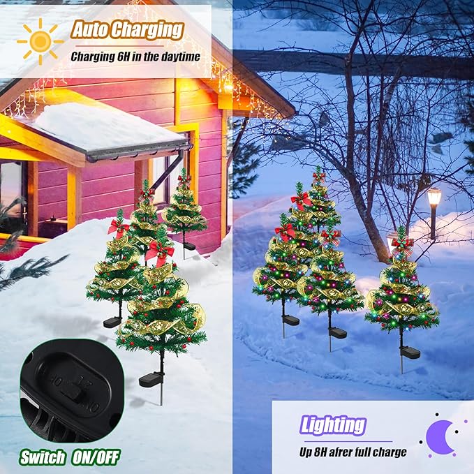 Libima 4 Pcs Solar Christmas Tree Garden Stake Lights Solar Outdoor 30 Inch Waterproof 80 LED Landscape Lights with 4 Bows 100 Artificial Berries and Ribbon for Xmas Decor Party Yard Patio Pathway