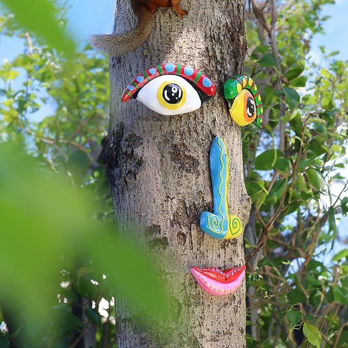 Tree Faces Decor Outdoor, Cute Tree Decorations Outdoor Faces Colorful Funny Outdoor Tree Faces Decor Creative Faces for Trees Garden Yard Tree Art Unique Tree Face