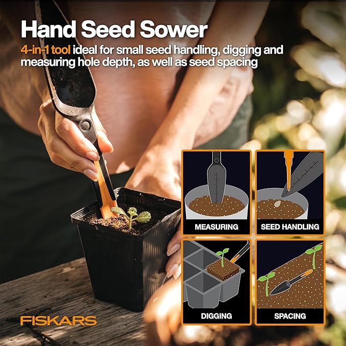 Fiskars Vegetable Garden Tool Set with Vegetable Shears, Seed Sower, Trowel, Cultivator, Weeder, and L/XL Garden Gloves for Indoor or Outdoor Gardening (6 Piece Kit), Gardening Gifts for Women