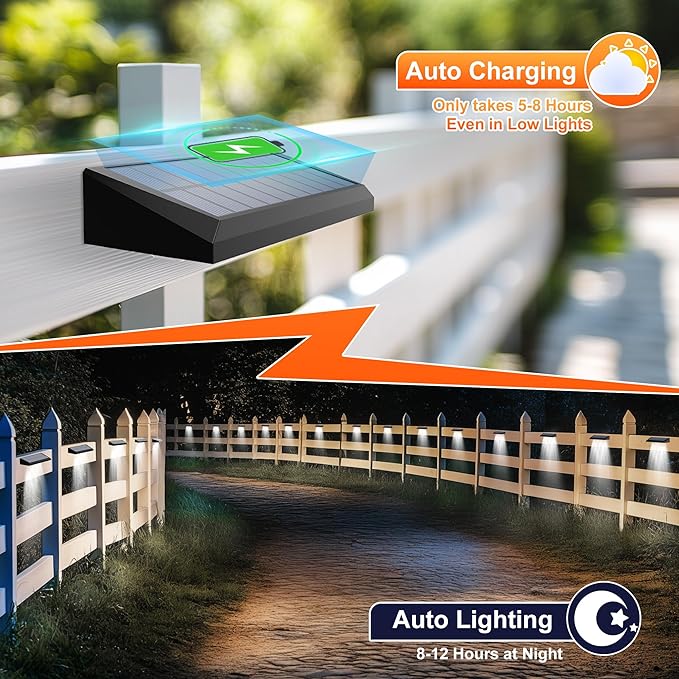 Solar Fence Lights Outdoor Waterproof IP65, 8 Pack Fence Lights Solar Powered 60 Lumens Auto On/Off Step Wall Lights Outside Decorations for Yard, Porch, Patio, Stairs, Pool, Deck, Garden-White Light