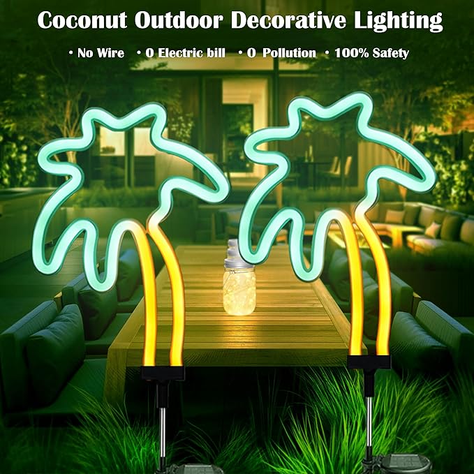 SunKite Solar Garden Lights - Coconut Solar Decorative Stake Lights Outdoor Waterproof Solar Neon Lights for Garden,Yard, Lawn, Pathway,Patio,Backyard,Pool,Hawaii Decor(2 Pack)