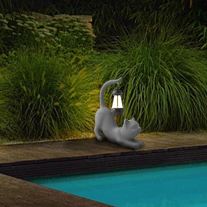 Solar Cat Garden Statue 15 Inch Porch Patio Decor for Outside Yard Decoration Outdoor Unique Housewarming Gardening Birthday Gifts for Cat Lovers Women Grandma
