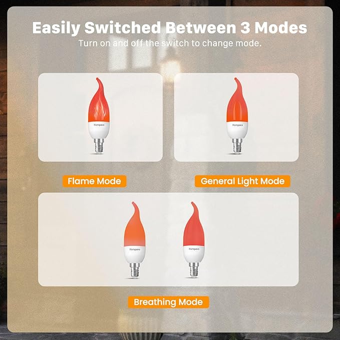 Hompavo 【Upgraded LED Flame Light Bulbs, 3 Modes Flickering Light Bulbs, E12 Chandelier Base Candle Fire Light Bulb for Halloween Christmas Party Porch Indoor & Outdoor Home Decoration, Red 6 Pack