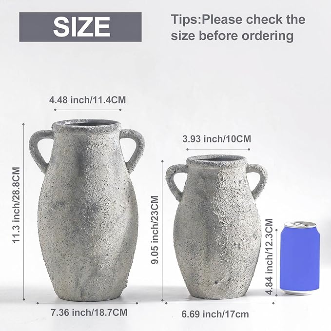 Large Ceramic Rustic Vase,11.3 inch Tall Farmhouse Flower Vase with 2 Handles for Home Decor, Living Room Entryway Table Centerpiece Decor