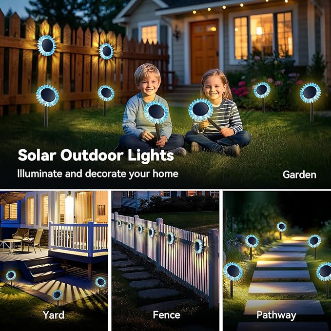 Hogni 6PK Solar Garden Lights, Ground Stake/Hang 2 in 1 Solar Sunflowers Outdoor Waterproof IP67, Outdoor Decor for Pathway Walkway Landscape Backyard Fence Decoration