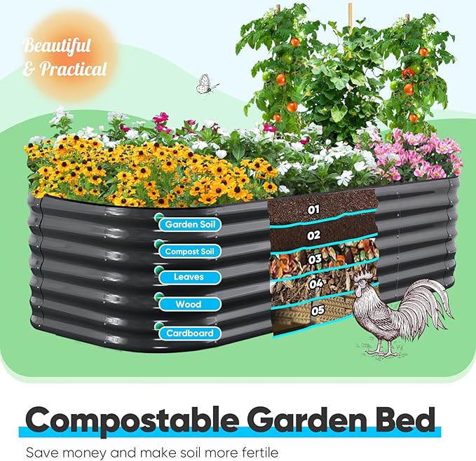 Quictent Galvanized Raised Garden Bed Kit, 6x3x2 ft Oval Metal Planter Box Tall for Vegetables Outdoor Backyard, Rubber Strip Edging Included, Dark Gray