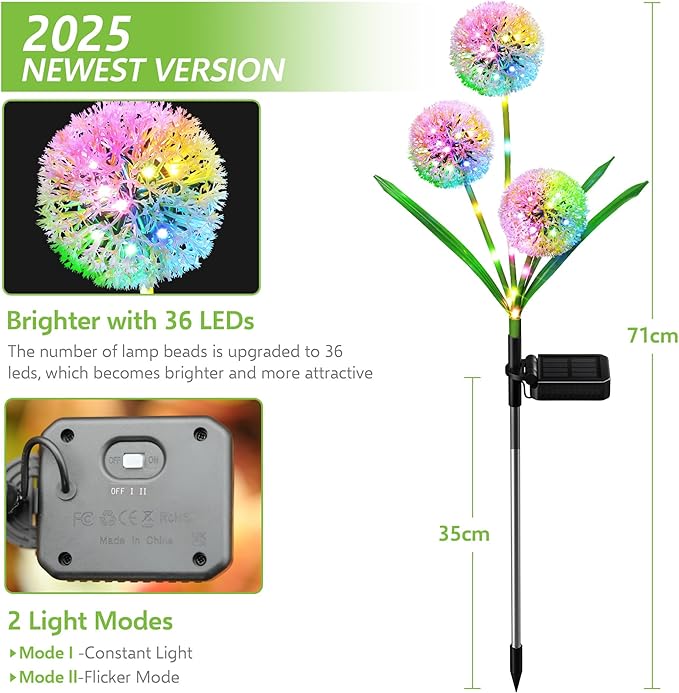 Solar Lights Outdoor Garden Decor, 2 Pack Upgraded Solar Dandelion Garden Light Decorative with 36 LED - IP65 Waterproof Colorful SolarLights Outdoor for Yard, Lawn, Pathway and Wedding