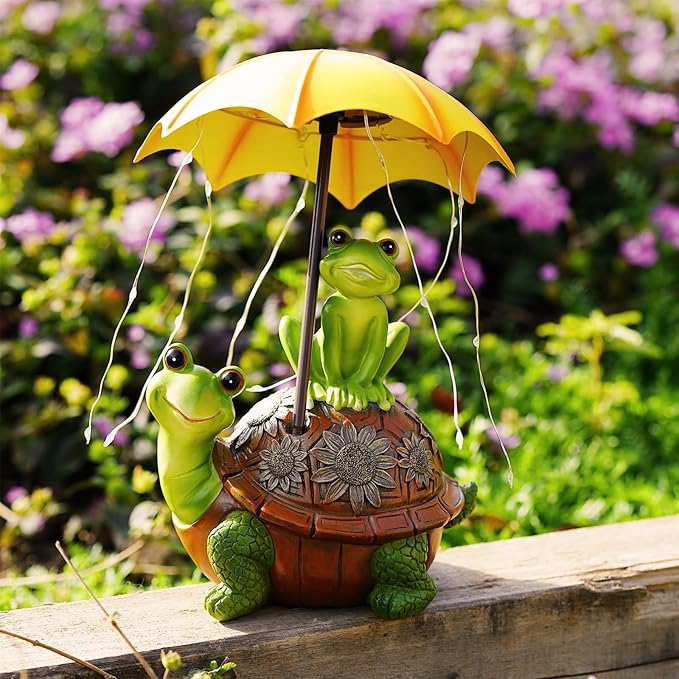 Solar Garden Outdoor Statues Turtle Frog Outdoor Figurine Lights with Umbrellas Fairy Garden Accessories Tortoise Statue Lawn Decor for Patio, Balcony, Yard Ornament Art Housewarming Gifts