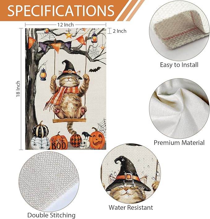 Heyfibro Halloween Cute Cat Swing Garden Flags 12 x 18 Inch Vertical Double Sided Burlap, Pumpkin Skull Bat Yard Flag for Seasonal Fall Thanksgiving Farmhouse Decoration(ONLY FLAG)