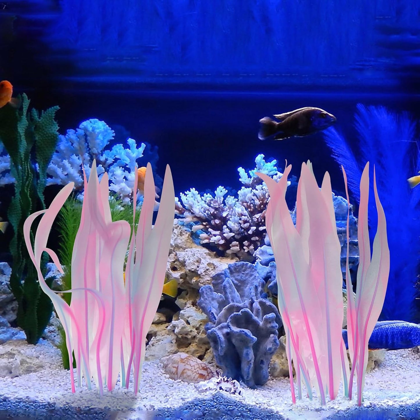 Kaiyuan Dynasty 2pc Aquarium Decor Plastic Plants Fish Tank Artificial Plants Glowing Aquarium Kelp Move with Water Flows Soft Silicone Aquatic Seaweed,7inch,Pink