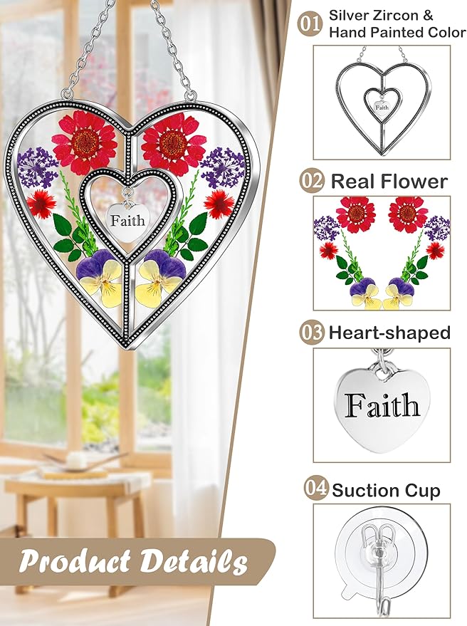 KY&BOSAM Heart Suncatcher Faith Stained Glass Hangings for Windows Sun Catchers Birthday Gifts for Women Real Flower Glass & Metal Maker for Christmas Tree Wedding Party Patio Home Garden Decor