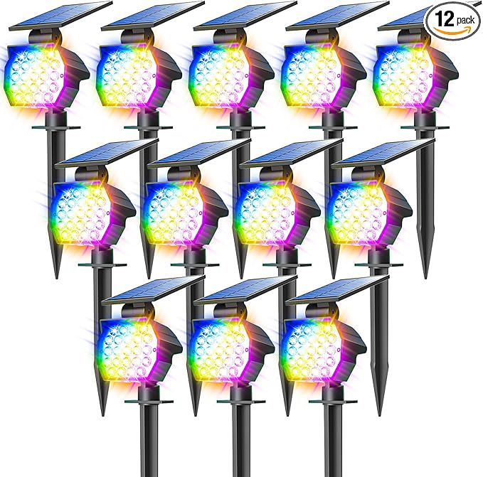 NIORSUN Solar Color Changing Lights Outdoor,7 Lighting Modes RGB Solar Outdoor Lights,IP67 Waterproof Multicolor Landscape Spotlights for Halloween Holiday Decorations,12 Pack