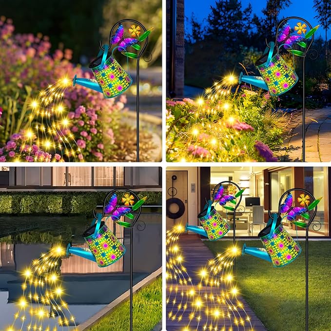Solar Watering Can with Lights, Waterproof Solar Lantern with Butterfly Shepherd Hook, Hanging Garden Lights for Patio Yard Lawn Porch Outdoor Decoration, Unique Garden Gifts for Women