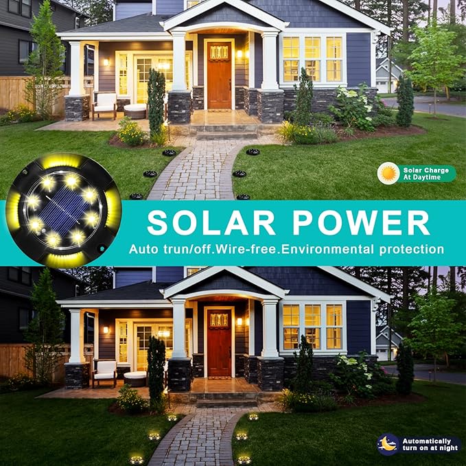Solar Ground Lights Outdoor 8 Packs 12 LED Disk Lights Solar Powered Waterproof New In-ground Lights For Garden Deck Stair Step Lawn Patio Driveway Walkway Pathway Yard decoration(8 Pack, Warm Light)