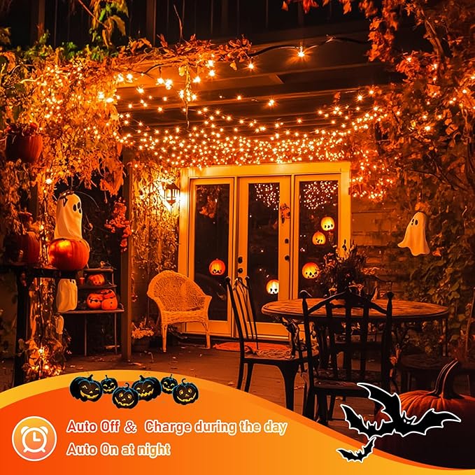 JMEXSUSS 2 Pack Orange Solar Halloween Lights, 66ft 200 LED Solar Fairy Lights Outdoor, Waterproof Solar String Lights for Tree Patio Garden Halloween Thanksgiving Decorations