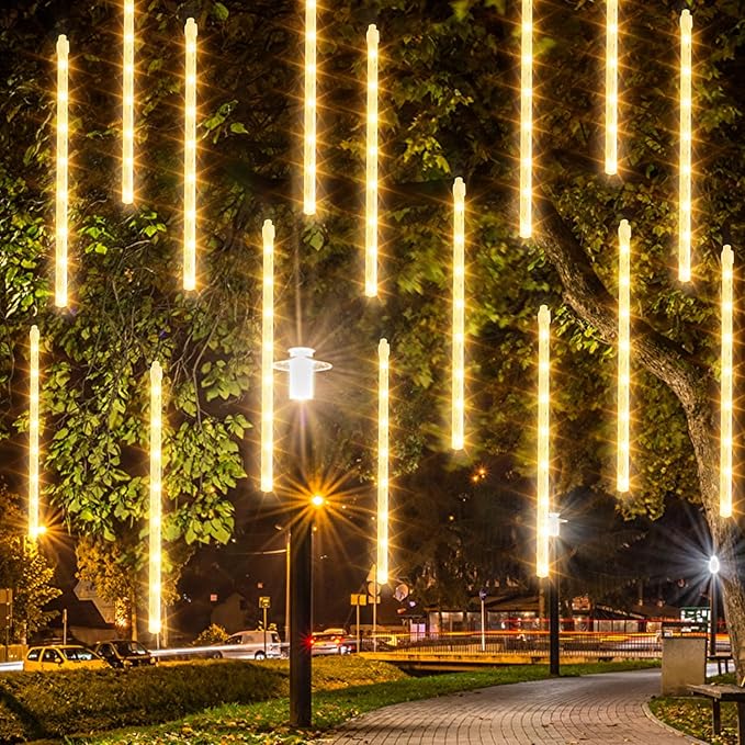 Dazzle Bright Christmas Lights Outdoor, 288LED Meteor Shower Rain Lights 12 Inch 8 Tubes, Waterproof Plug in Falling Icicle Lights Christmas Decorations for Xmas Tree Yard House Decor (Warm White)