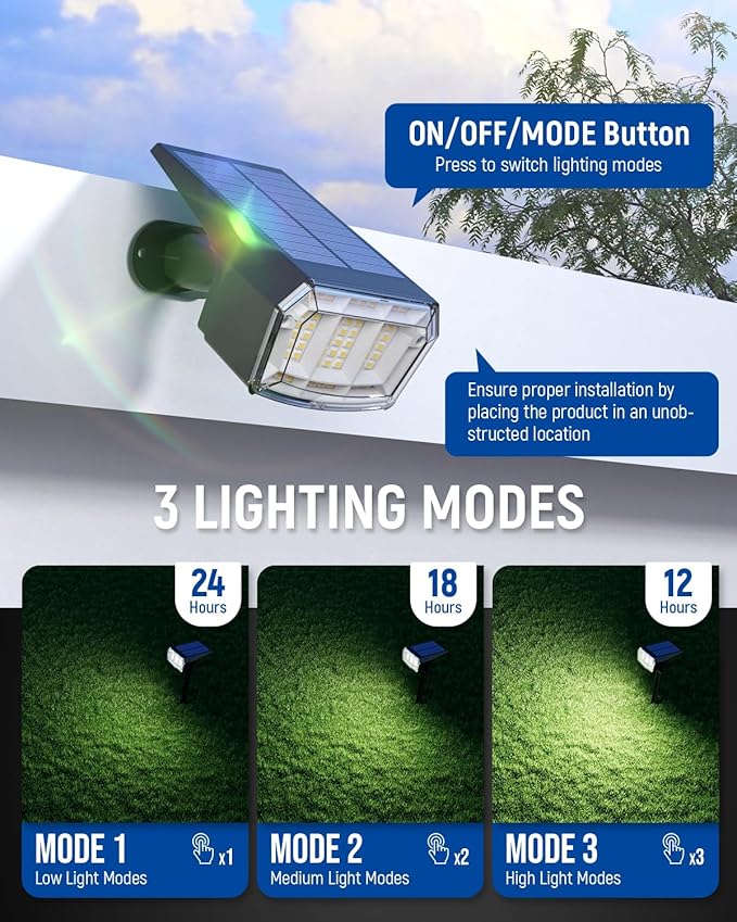 Solar Spot Lights Outdoor 63 LED 3 Lighting,Waterproof IP65 Modes Spotlights for Outside House Yard Garden Landscape Lights 1 Pack (Natural Lihgt)