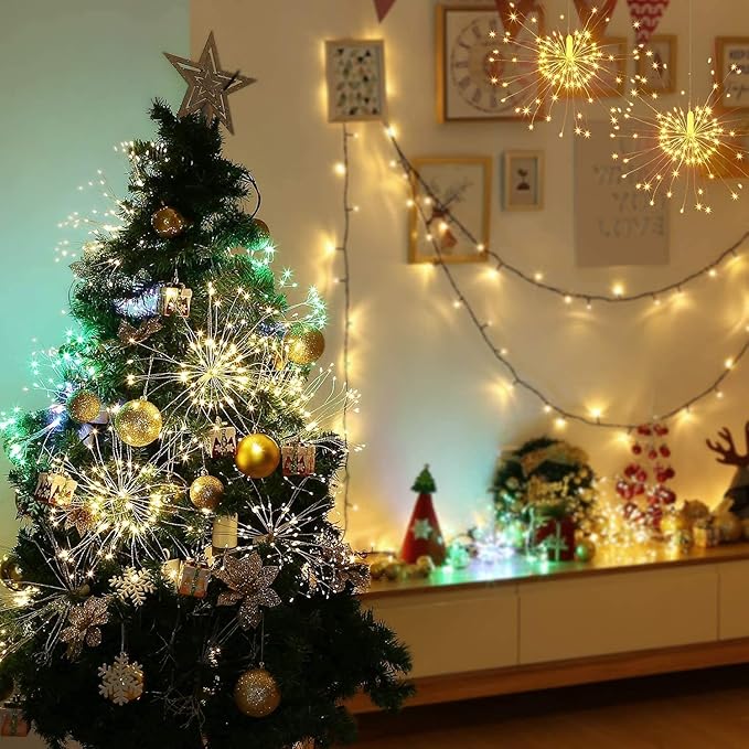 FOOING 4 Pack Firework Lights Led Copper Wire Star String Lights 8 Modes Battery Operated Fairy Lights with Remote,Wedding Decorative Hanging Lights for Party Patio Garden Decoration