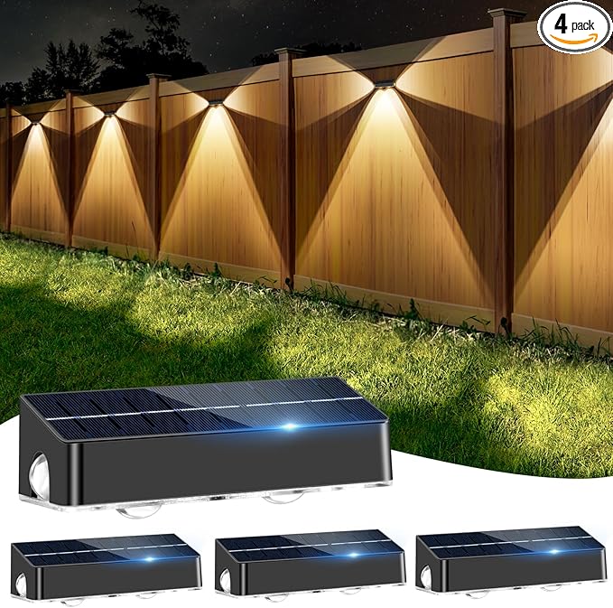 Solar Fence Lights Outdoor - 3-Side Fence Light Solars Powered for Outside IP65 Waterproof Fence Solar Lights Outdoor for Outside Garden Backyard Patio Deck Fence Stair Step Railing Pathway(4Pack)