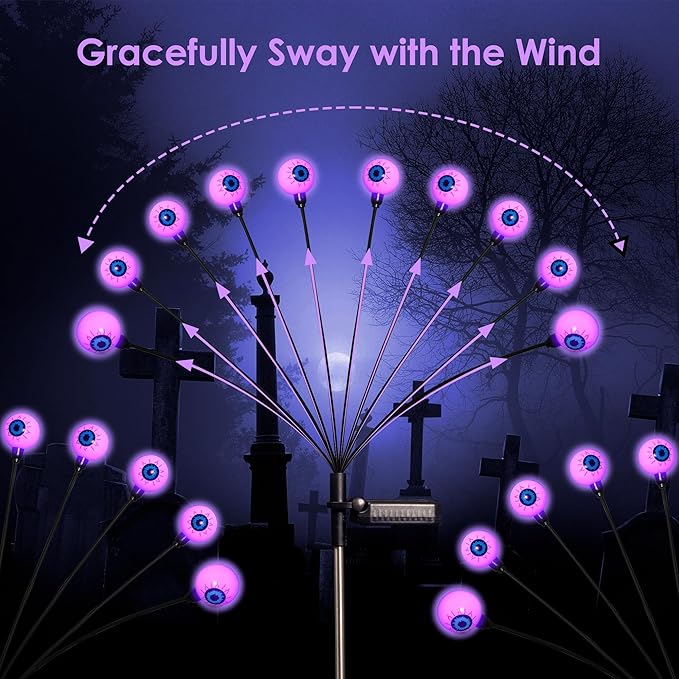 Solar Halloween Lights - 4 Pack 40LED Outdoor Waterproof Scary Eyeball Swaying Firefly Lights for Yard Garden Patio Party Decor Purple