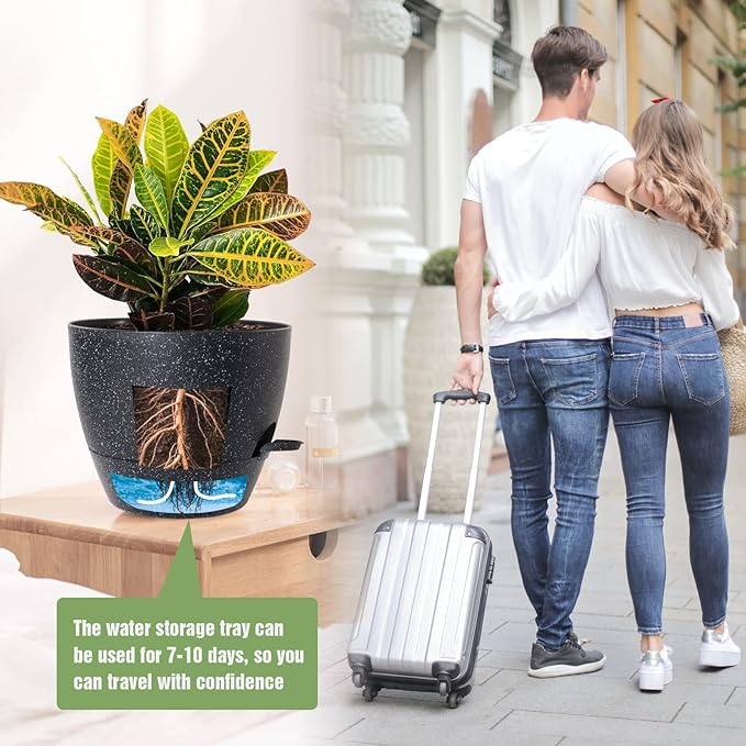 Large Self Watering Pots, 12/10/9 Plastic Planters with High Drainage Holes and Deep Reservoir for Indoor Outdoor Garden Plants and Flowers, Black Speckles