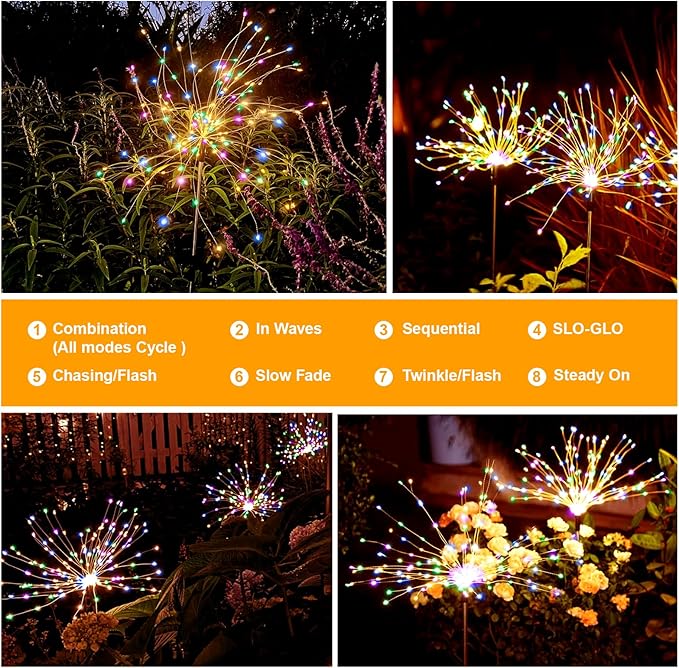 solar fireworks lights for outside, 150LED 8 Modes Fireworks Solar Lights Outdoor, Fairy Garden Flowers Lights for Yard Pathway wedding Party Christmas Diwali Garden Decor 4Pack (Multicolor)