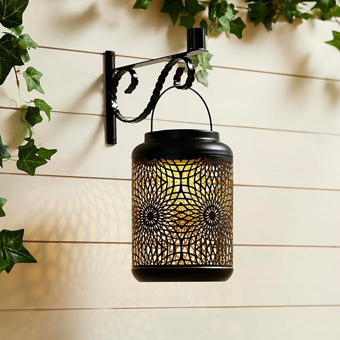 Glitzhome Solar Lantern Black Metal Cutout Scrollwork Outdoor Hanging Solar Light with Handle for Garden Patio Yard Outdoor Decor