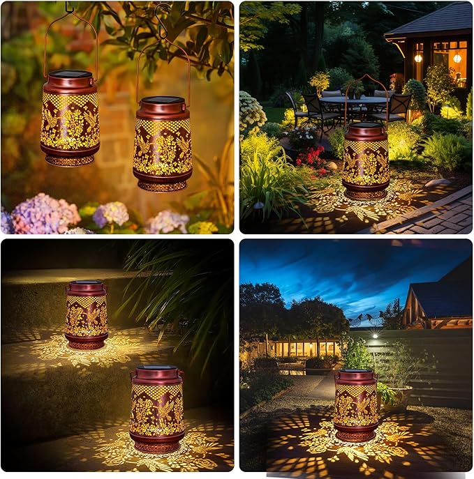 Solar Lanterns Outdoor Waterproof, Hummingbird Solar Lights Outdoor, Garden Decor Hanging Metal Lantern, Garden Lights for Yard/ Patio/Porch/Lawn, Decorative Gifts for Mom/Women