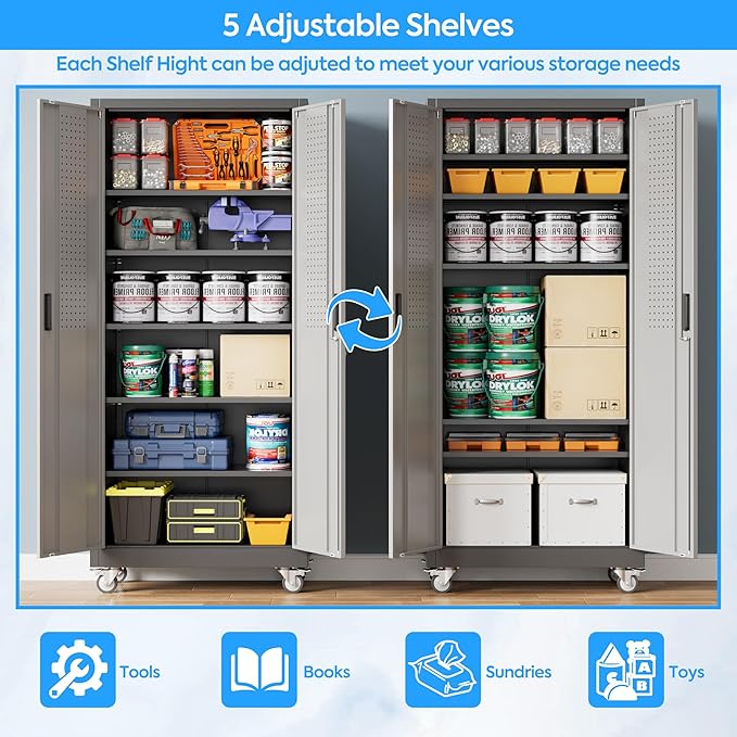71" H×32" W×16" D Garage Storage Cabinet with Wheels & Pegboard, Locking Metal Storage Cabinet with Doors and 5 Adjustable Shelves & & 4 Hooks for Garage Warehouse Home Office, Black and Gray