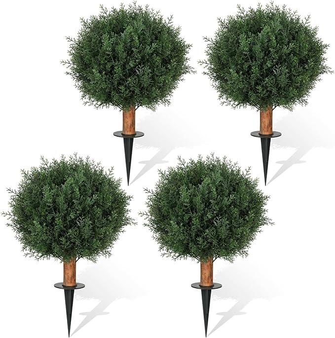 Artificial Cedar Topiary Ball Trees with Ground Spike, 24.6 inche Tall UV-Resistant Fake Outdoor Plants Evergreen Shrubs, Realistic Faux Pine Bushes for Front Porch Home Patio Garden, Set of 4